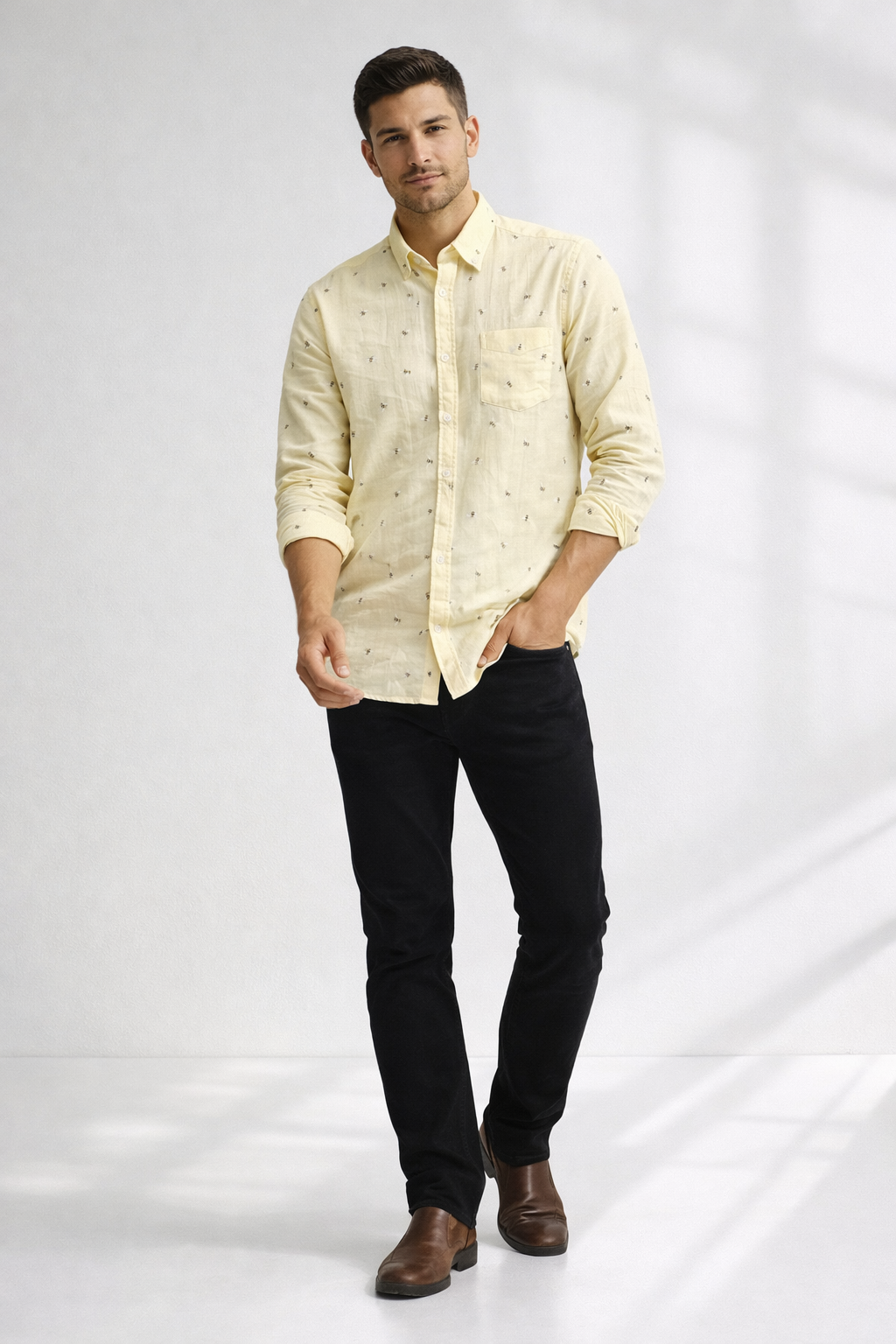 Men’s Light Yellow Honey Bee Double Gauze Cotton Shirt – Premium Summer Essential