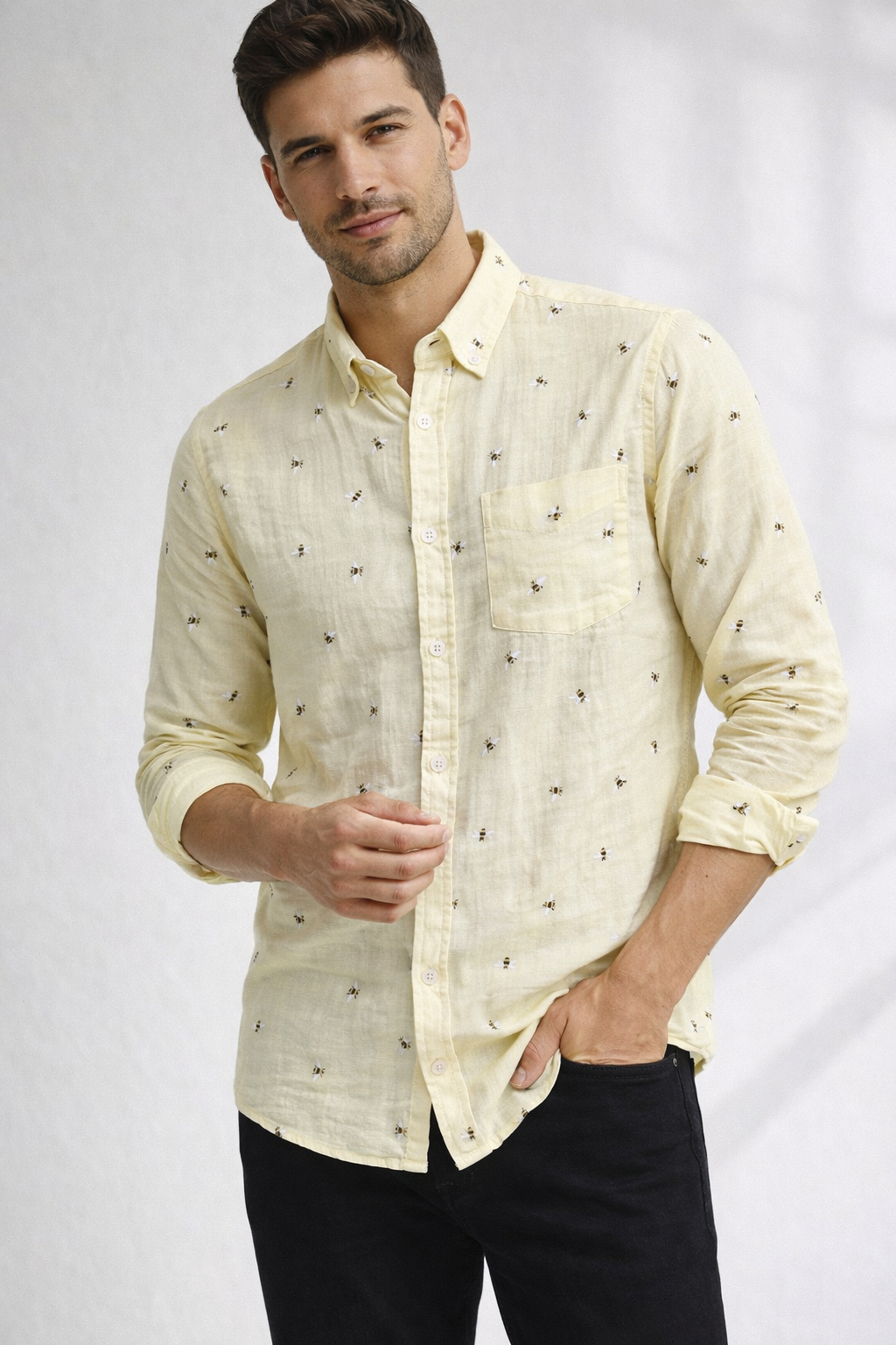 Men’s Light Yellow Honey Bee Double Gauze Cotton Shirt – Premium Summer Essential