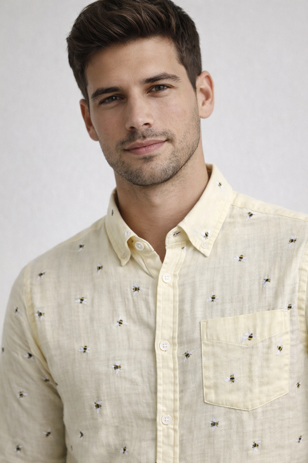 Men’s Light Yellow Honey Bee Double Gauze Cotton Shirt – Premium Summer Essential