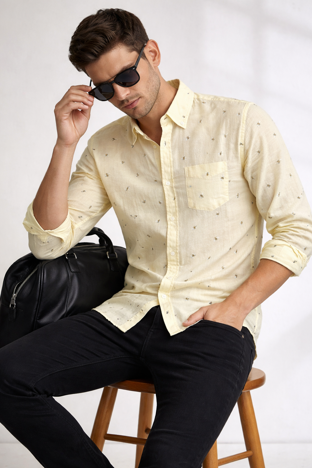 Men’s Light Yellow Honey Bee Double Gauze Cotton Shirt – Premium Summer Essential