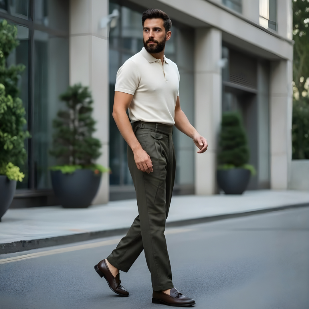 Men’s Olive Green Gorkha Pants – 100% Cotton Straight Fit with Adjustable Side Buckle