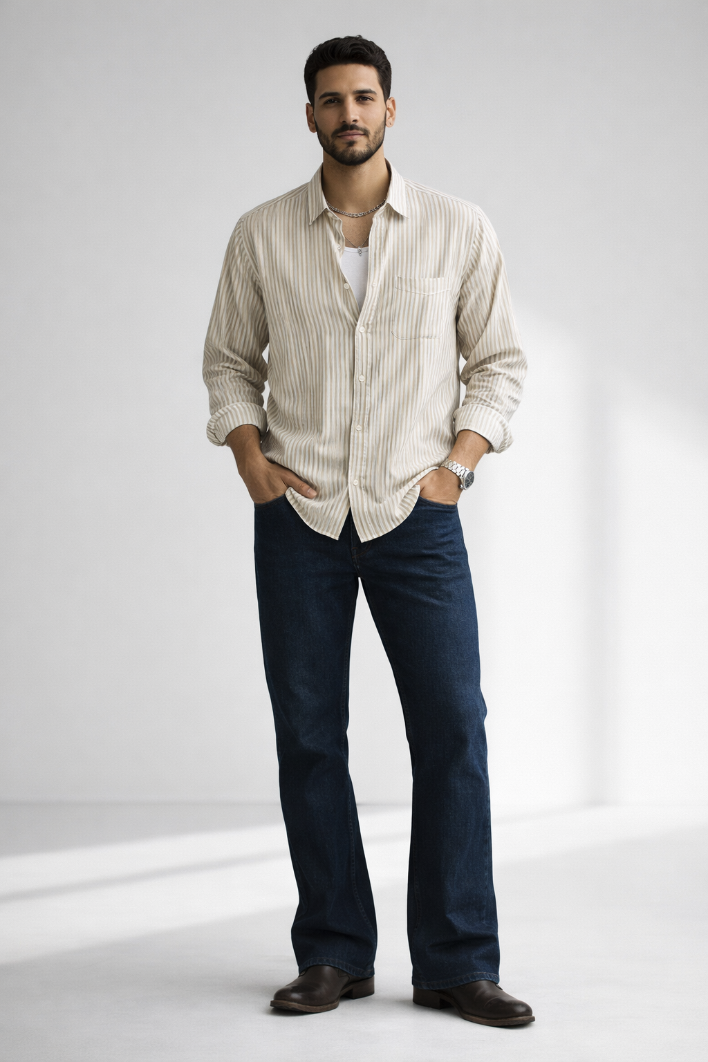 Men’s Beige Striped Cotton Viscose Shirt – Premium Smart Casual Essential