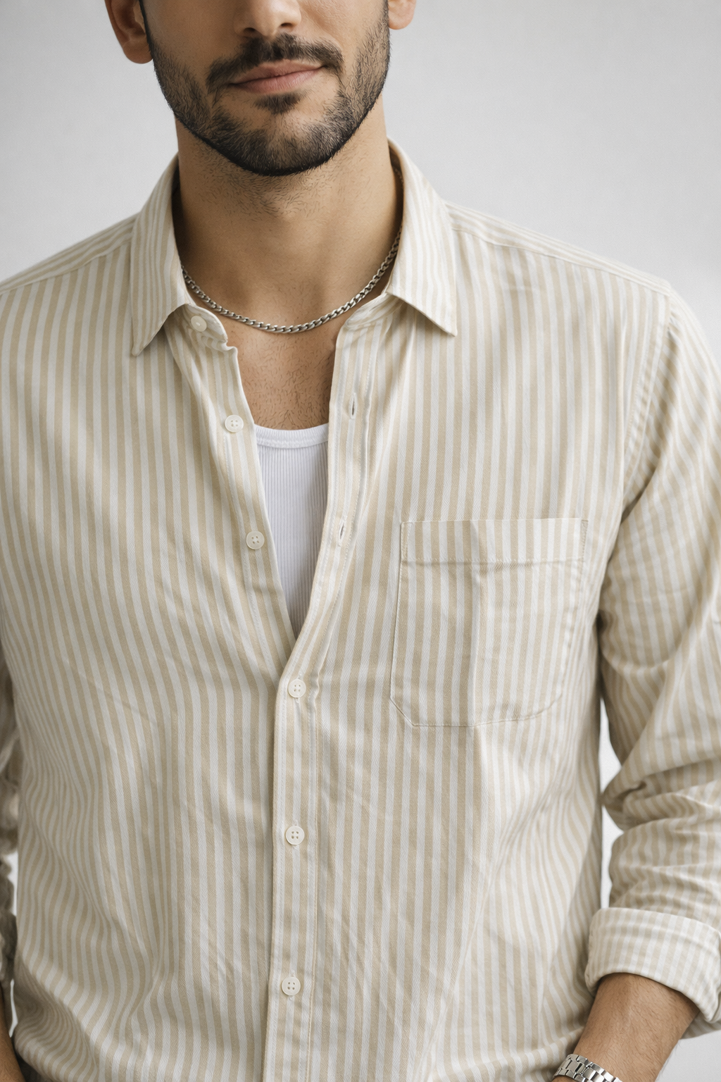 Men’s Beige Striped Cotton Viscose Shirt – Premium Smart Casual Essential