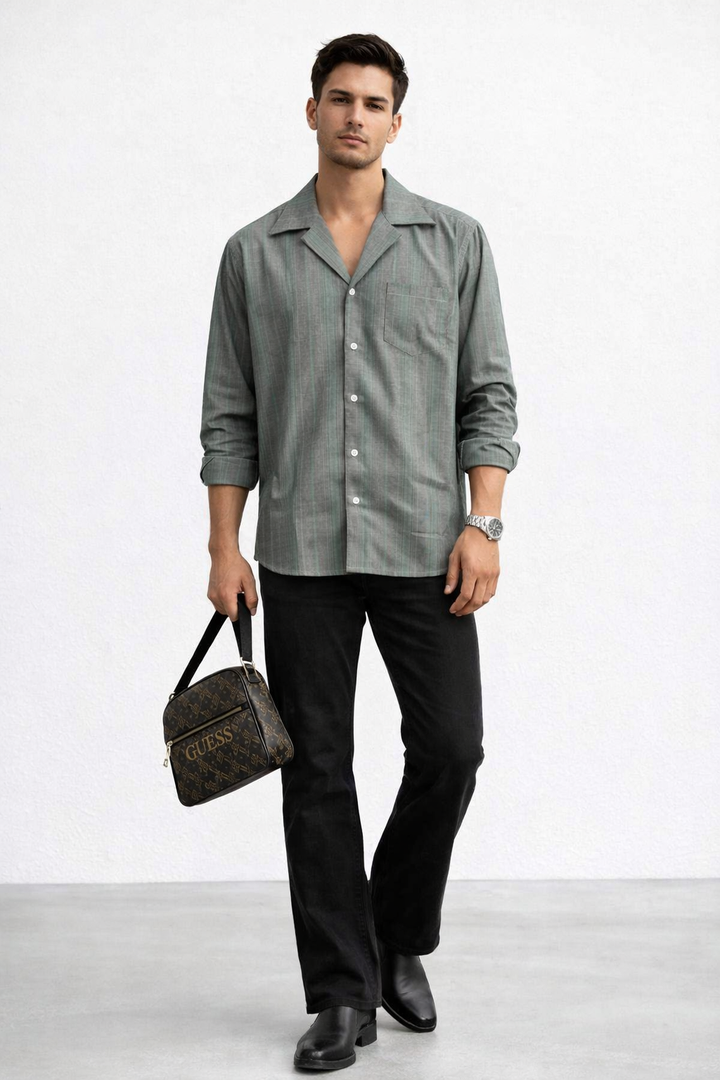 Men’s Sage Green Cotton Rayon Cuban Collar Shirt – Premium Minimal Wear