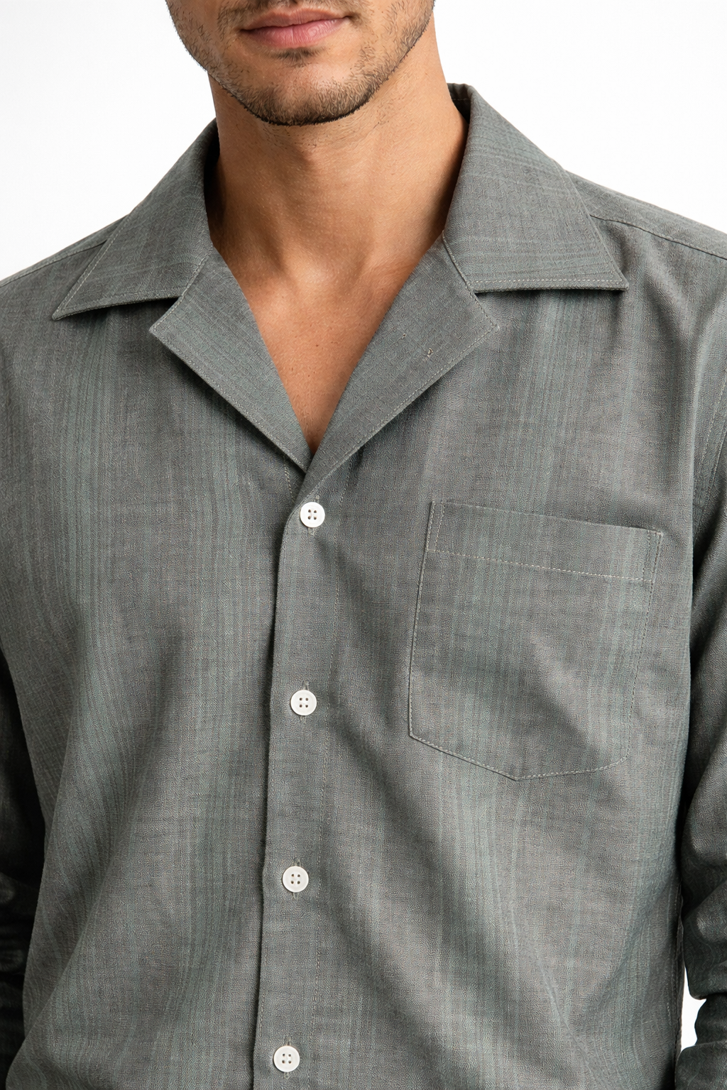 Men’s Sage Green Cotton Rayon Cuban Collar Shirt – Premium Minimal Wear