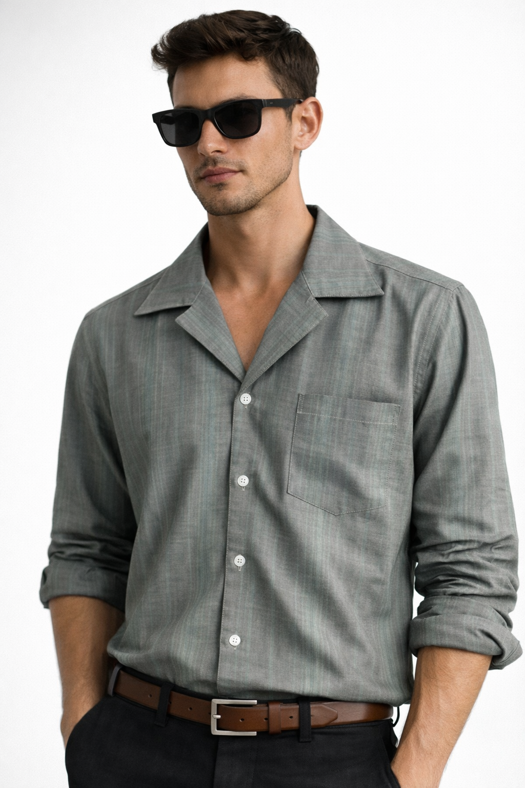 Men’s Sage Green Cotton Rayon Cuban Collar Shirt – Premium Minimal Wear