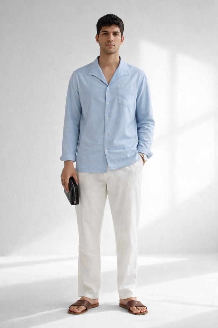 Men’s Ice Blue Linen Designer Shirt – Premium Summer Essential