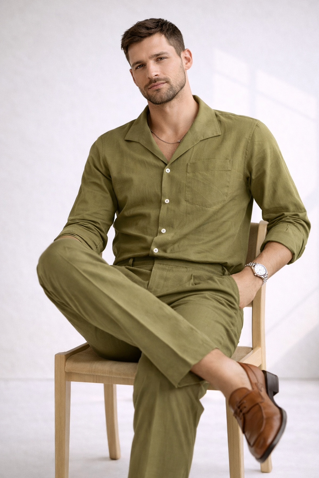 Men’s Summer Olive Linen Designer Shirt – Premium Summer Essential