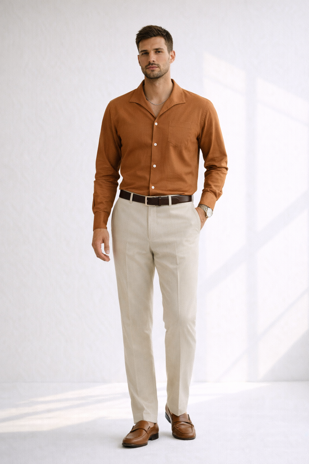 Men’s Sunset Rust Linen Designer Shirt – Premium Summer Essential