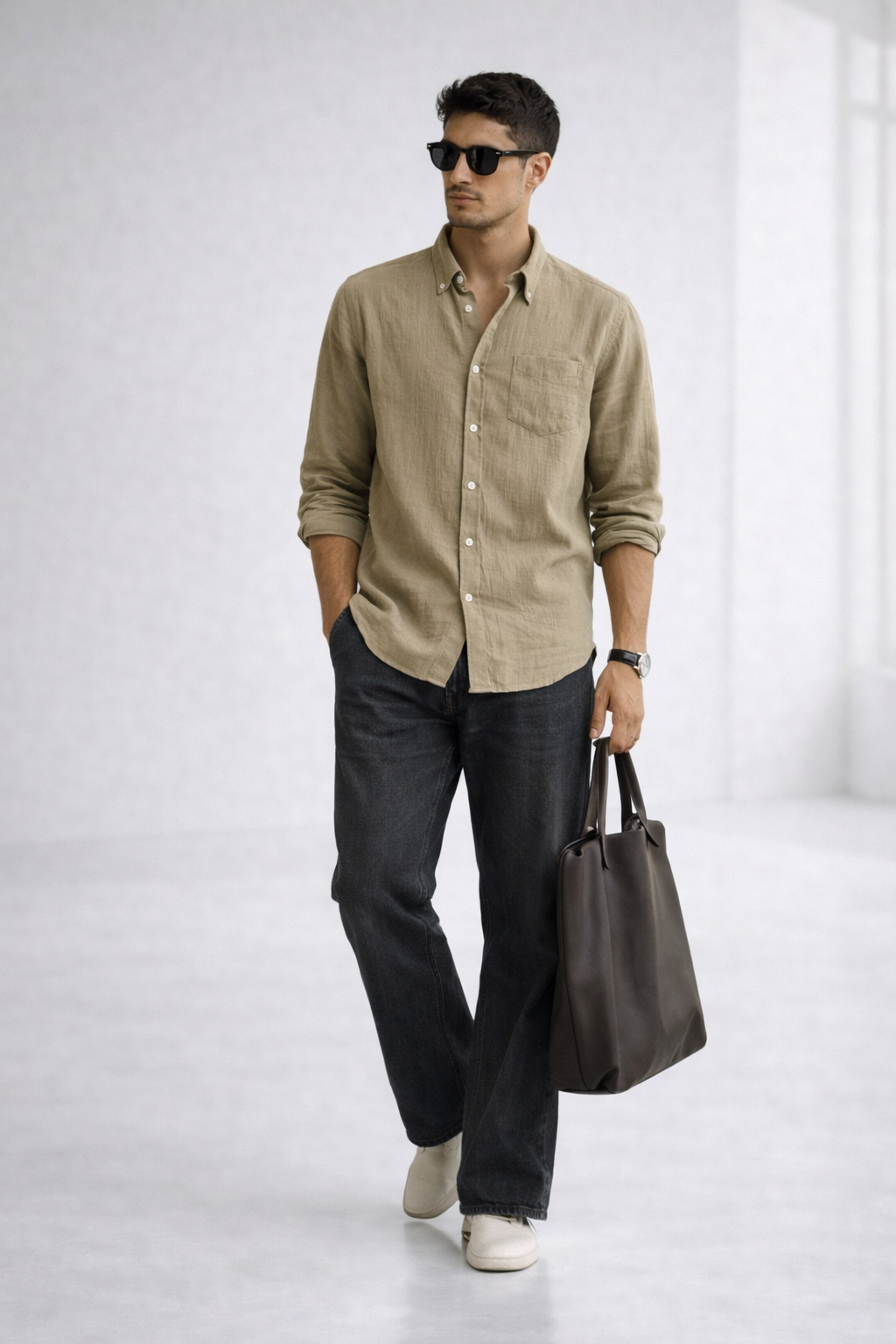 Khaki Double Gauze Cotton Shirt – Lightweight Relaxed Fit Essential