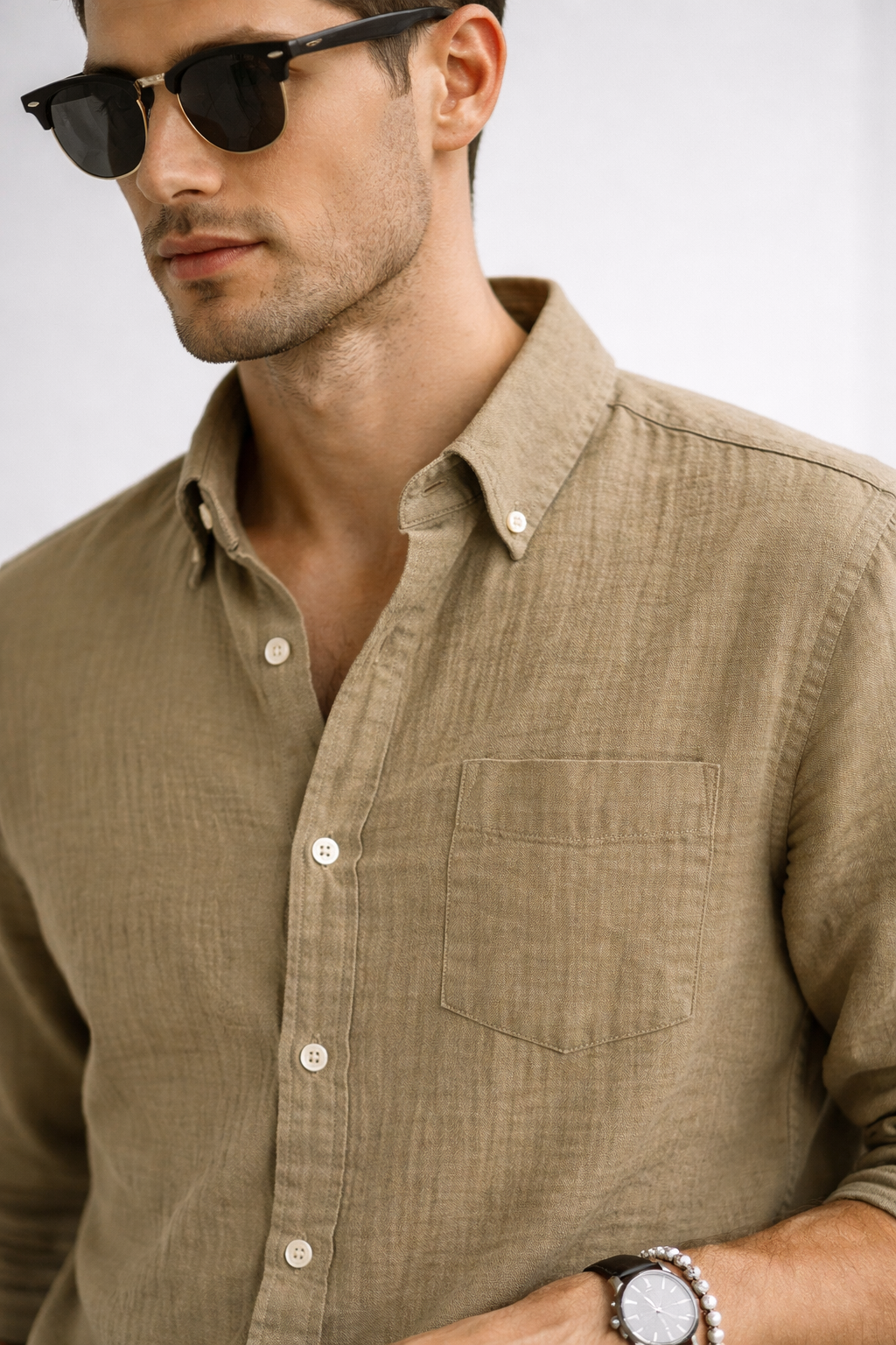 Khaki Double Gauze Cotton Shirt – Lightweight Relaxed Fit Essential