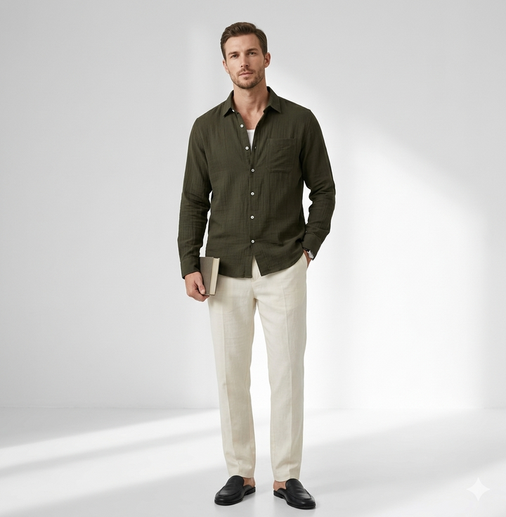 Men’s Mehndi Green Double Gauze Cotton Shirt – Soft Premium Casual Essential