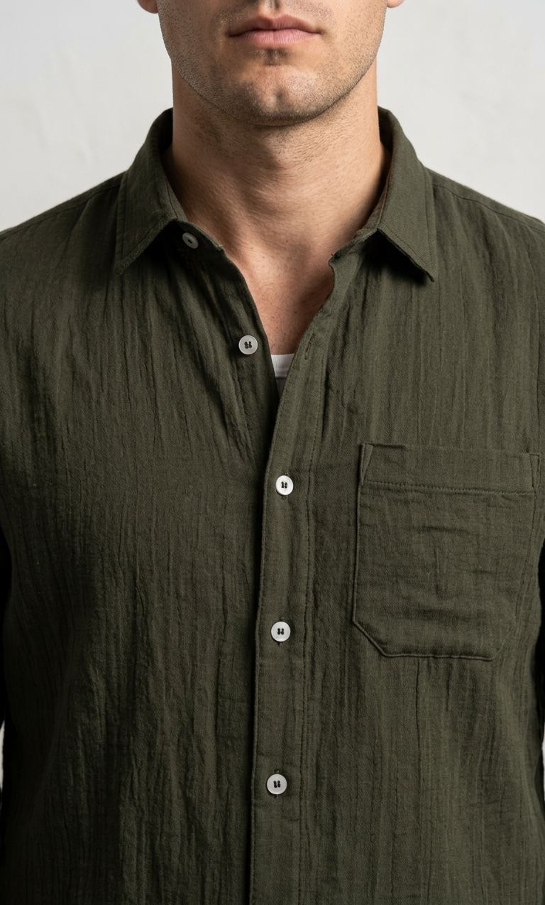 Men’s Mehndi Green Double Gauze Cotton Shirt – Soft Premium Casual Essential