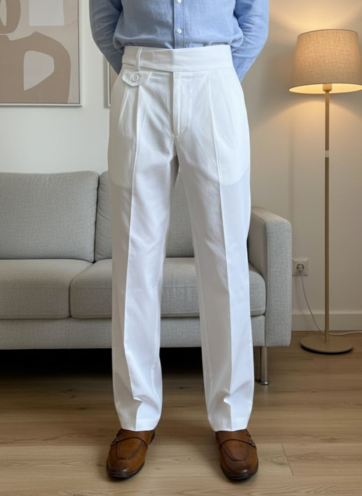 Men’s White Gorkha Pants – 100% Cotton, Premium Straight Fit with Side Button Flap