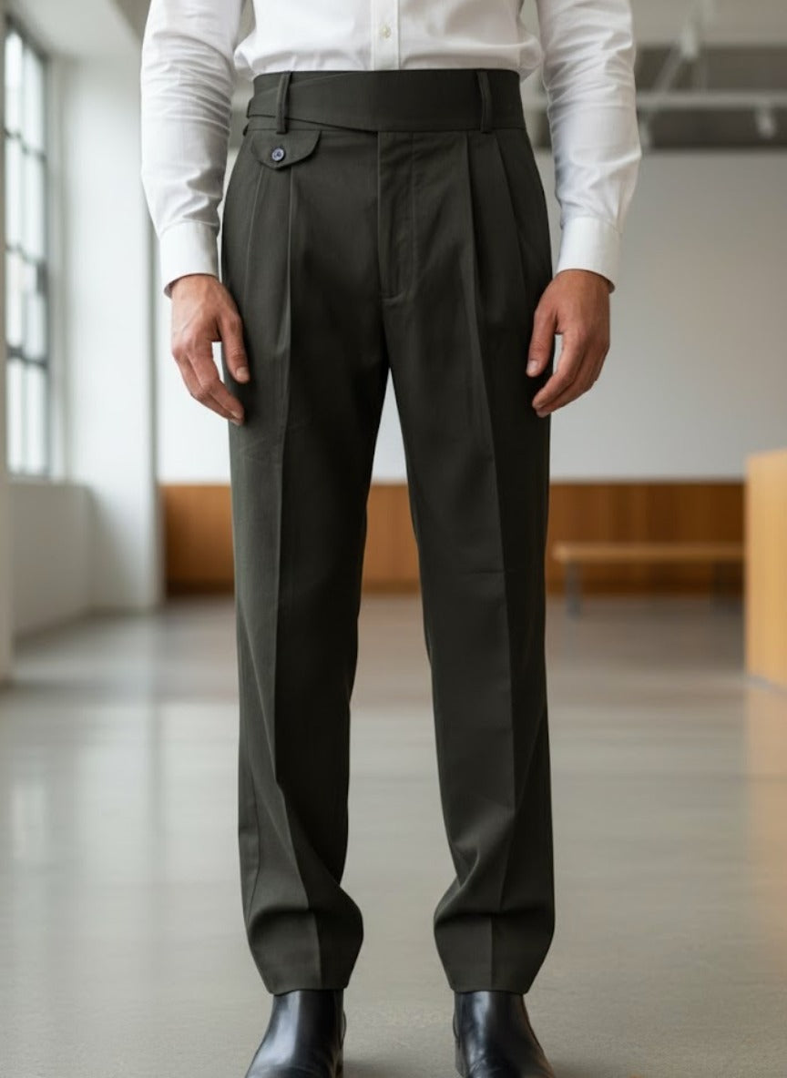 Men’s Olive Green Gorkha Pants – 100% Cotton, Classic Straight Fit with Side Button Flap