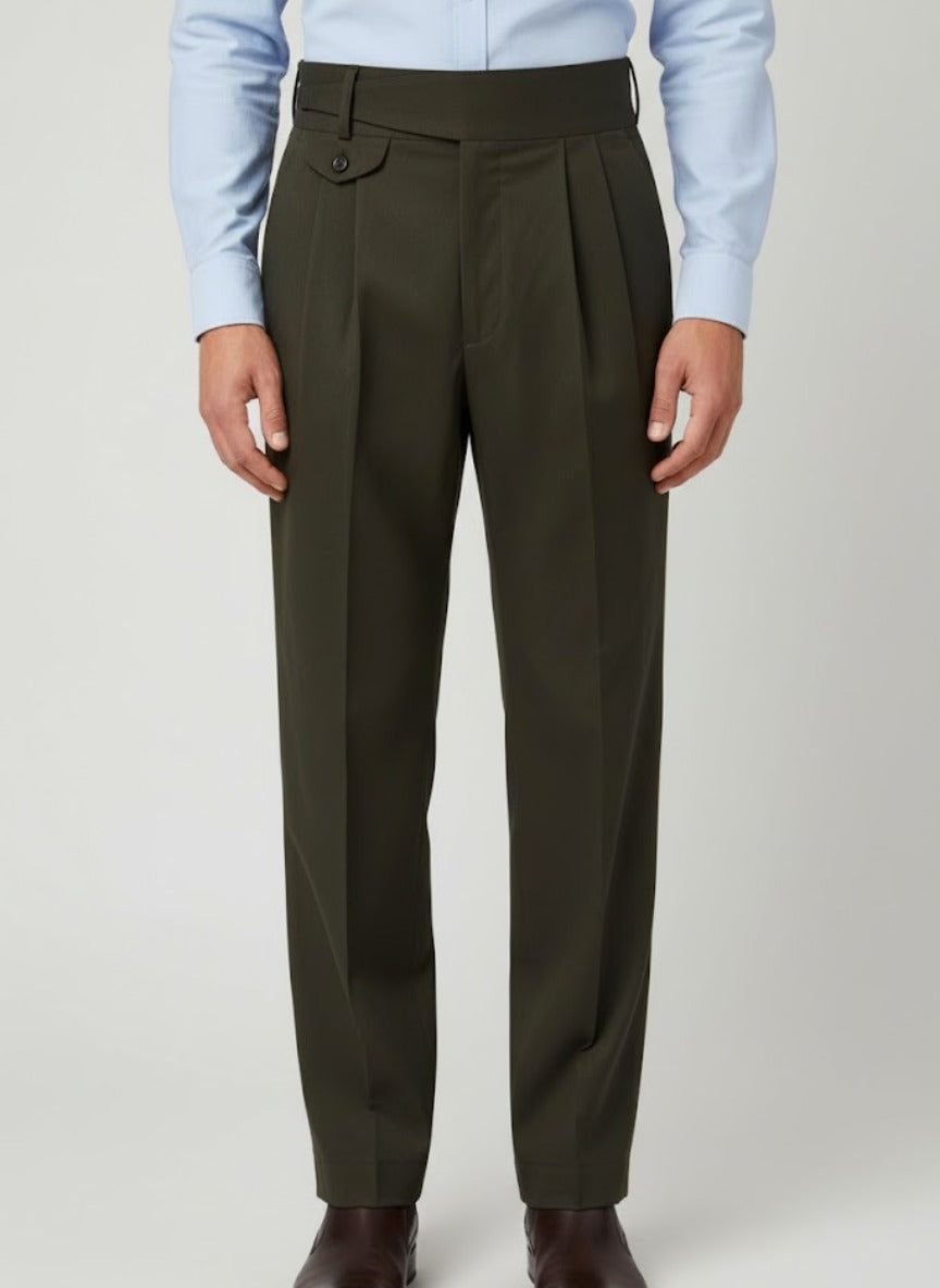 Men’s Olive Green Gorkha Pants – 100% Cotton, Classic Straight Fit with Side Button Flap