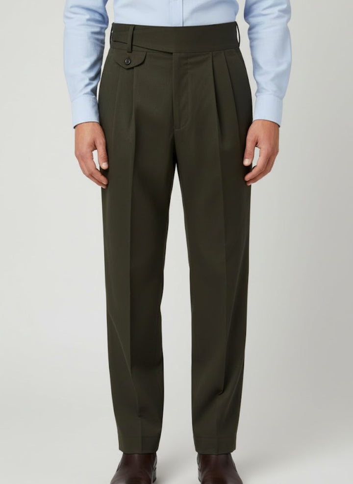 Men’s Olive Green Gorkha Pants – 100% Cotton, Classic Straight Fit with Side Button Flap
