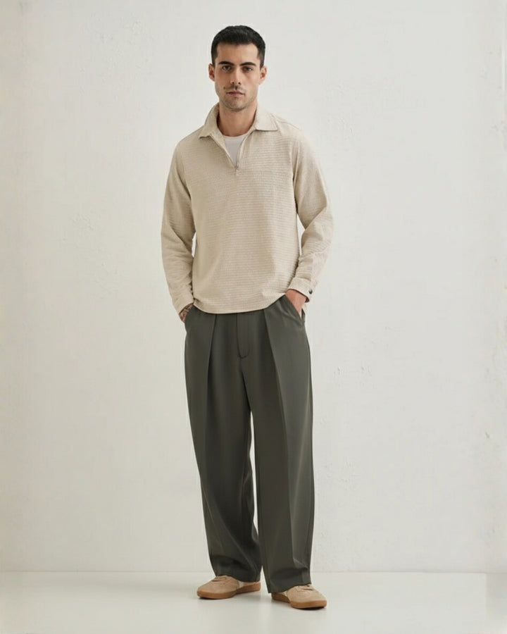 Men’s Olive Green Wide-Leg Pants – 100% Cotton, Relaxed Fit, Premium Pleated Trousers