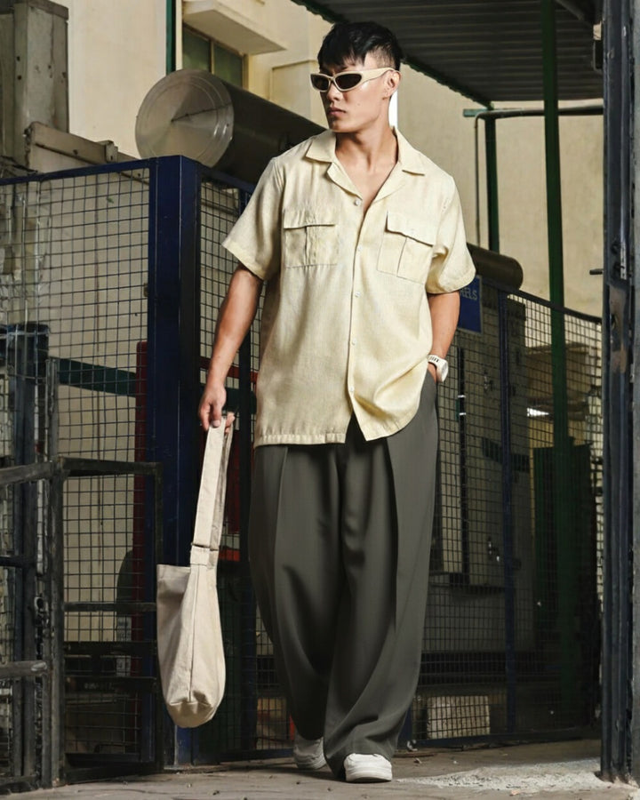 Men’s Olive Green Wide-Leg Pants – 100% Cotton, Relaxed Fit, Premium Pleated Trousers