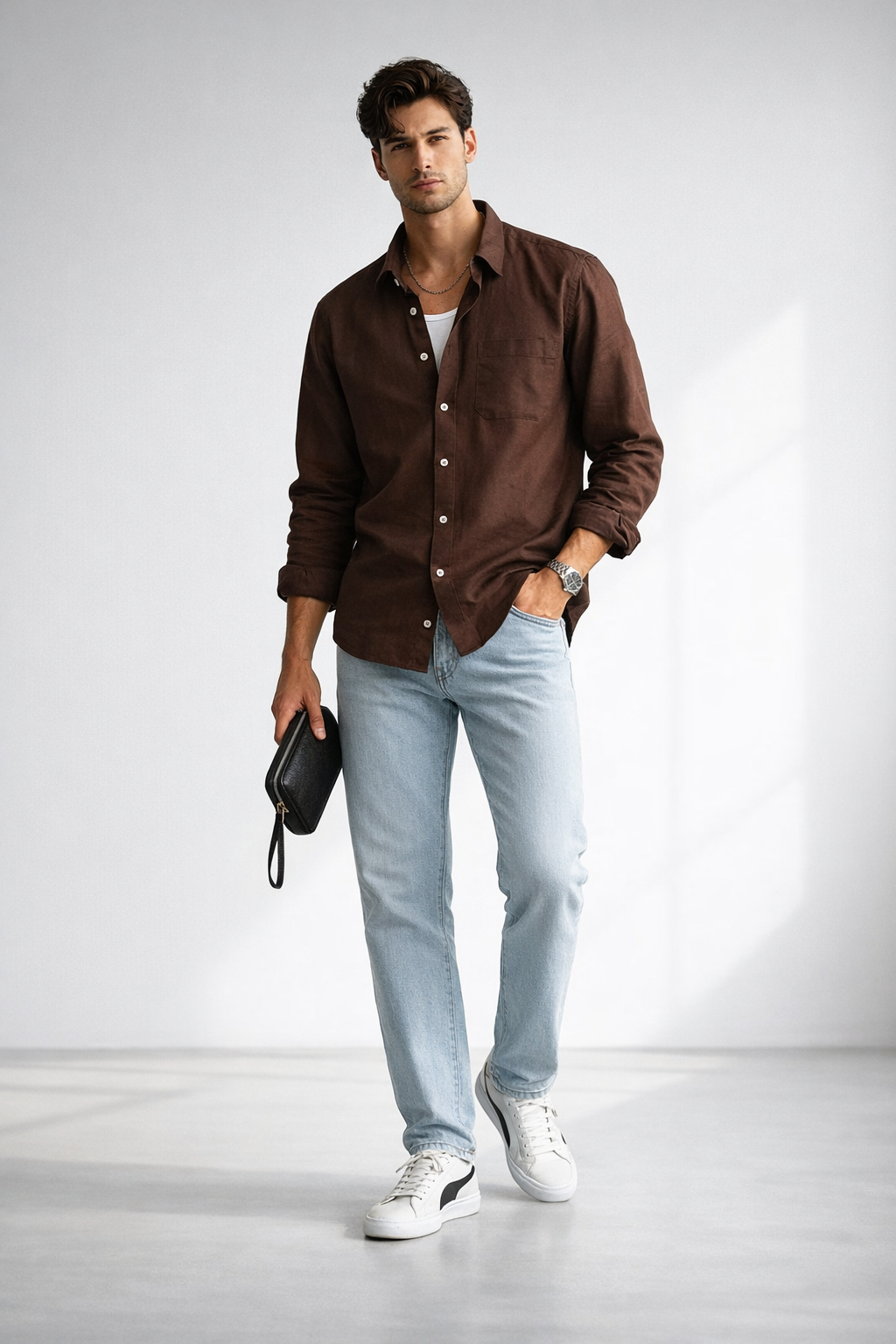 Men’s Rich Brown Linen Blend Shirt – Premium Smart Casual Essential