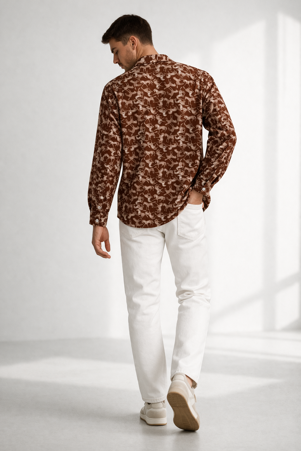 Men’s Brown Printed Crepe Cuban Collar Shirt – Premium Casual Wear