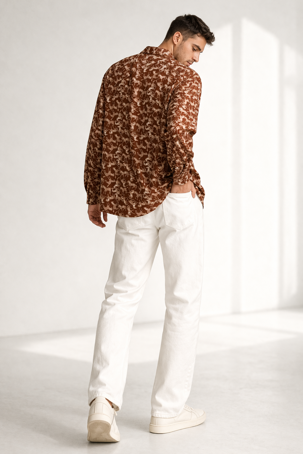 Men’s Brown Printed Crepe Cuban Collar Shirt – Premium Casual Wear