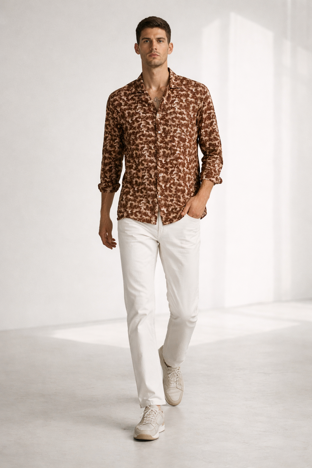 Men’s Brown Printed Crepe Cuban Collar Shirt – Premium Casual Wear