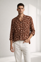 Men’s Brown Printed Crepe Cuban Collar Shirt – Premium Casual Wear