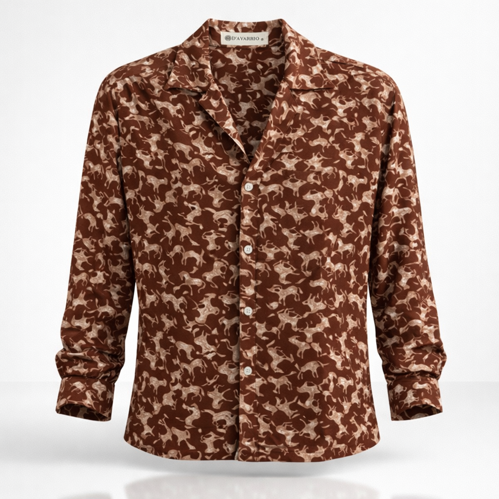 Men’s Brown Printed Crepe Cuban Collar Shirt – Premium Casual Wear