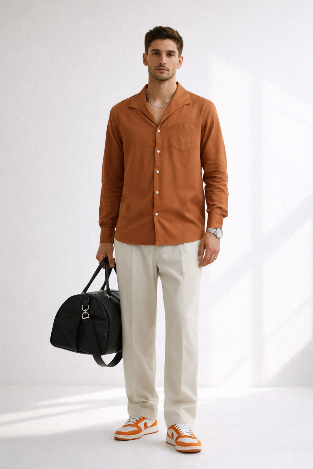 Men’s Sunset Rust Linen Designer Shirt – Premium Summer Essential